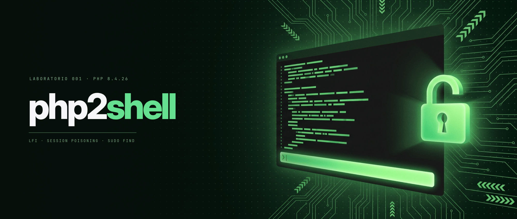 PHP2Shell: terminal con código en verde y candado abierto sobre fondo verde oscuro